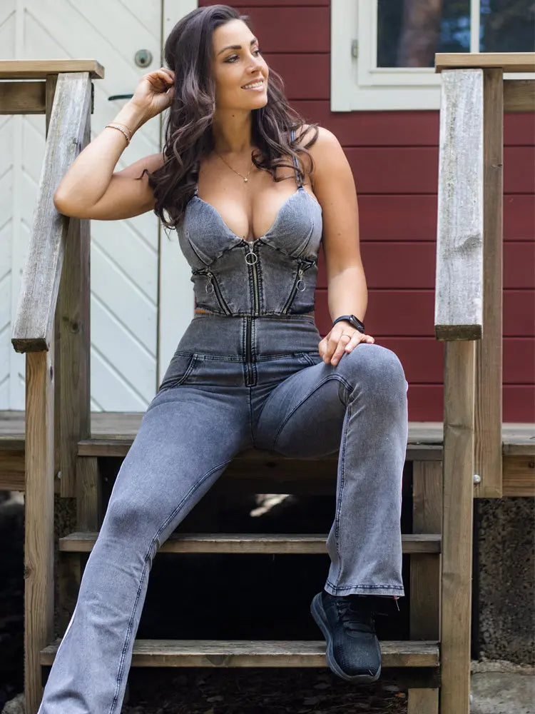 Shascullfites Melody Womens 2 Piece Outfit Set Gray Denim Flare Collumbiana