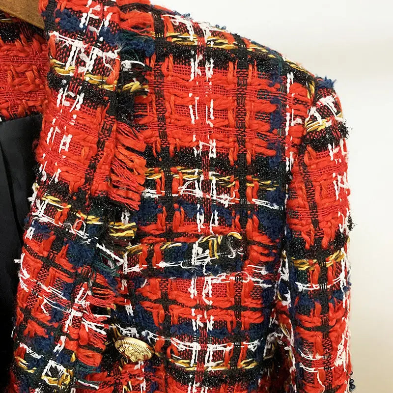 Double-Breasted Tweed Plaid Woolen Fringed Jacket Collumbiana