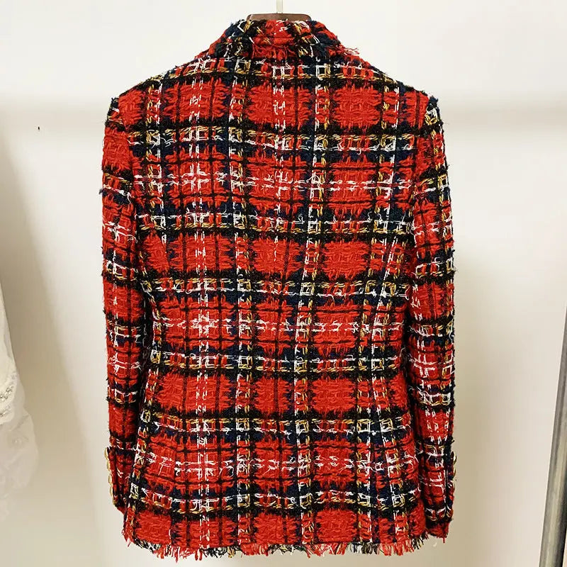 Double-Breasted Tweed Plaid Woolen Fringed Jacket Collumbiana