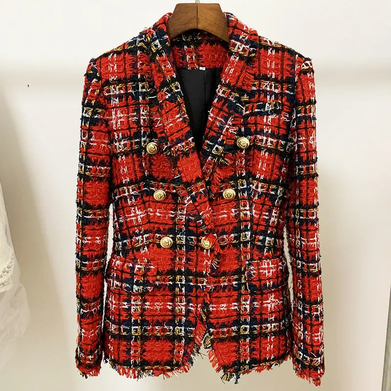 Double-Breasted Tweed Plaid Woolen Fringed Jacket Collumbiana