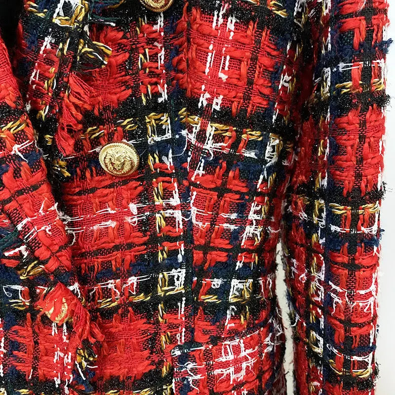 Double-Breasted Tweed Plaid Woolen Fringed Jacket Collumbiana