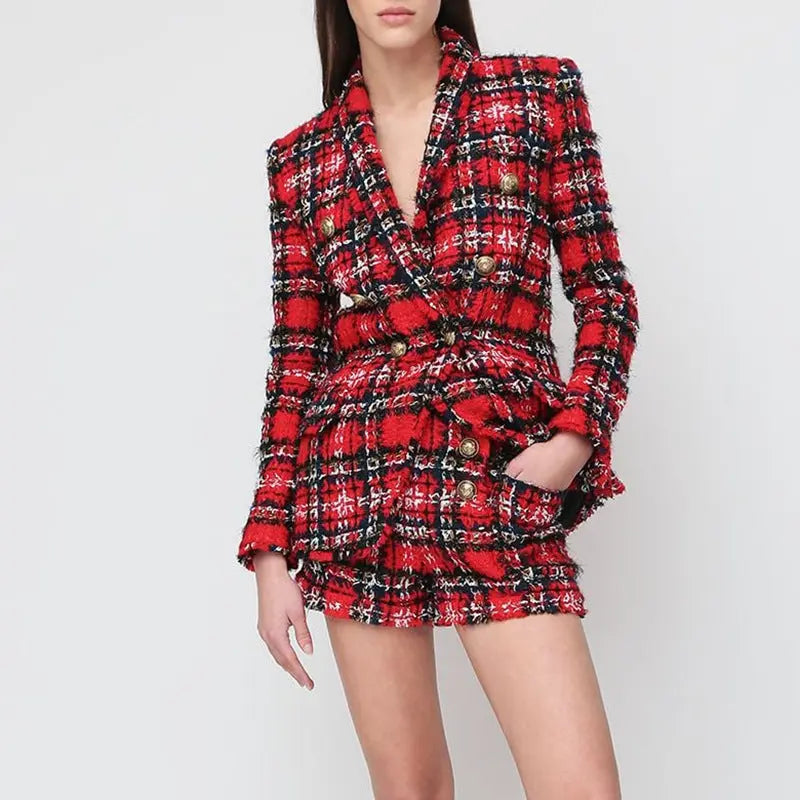 Double-Breasted Tweed Plaid Woolen Fringed Jacket Collumbiana