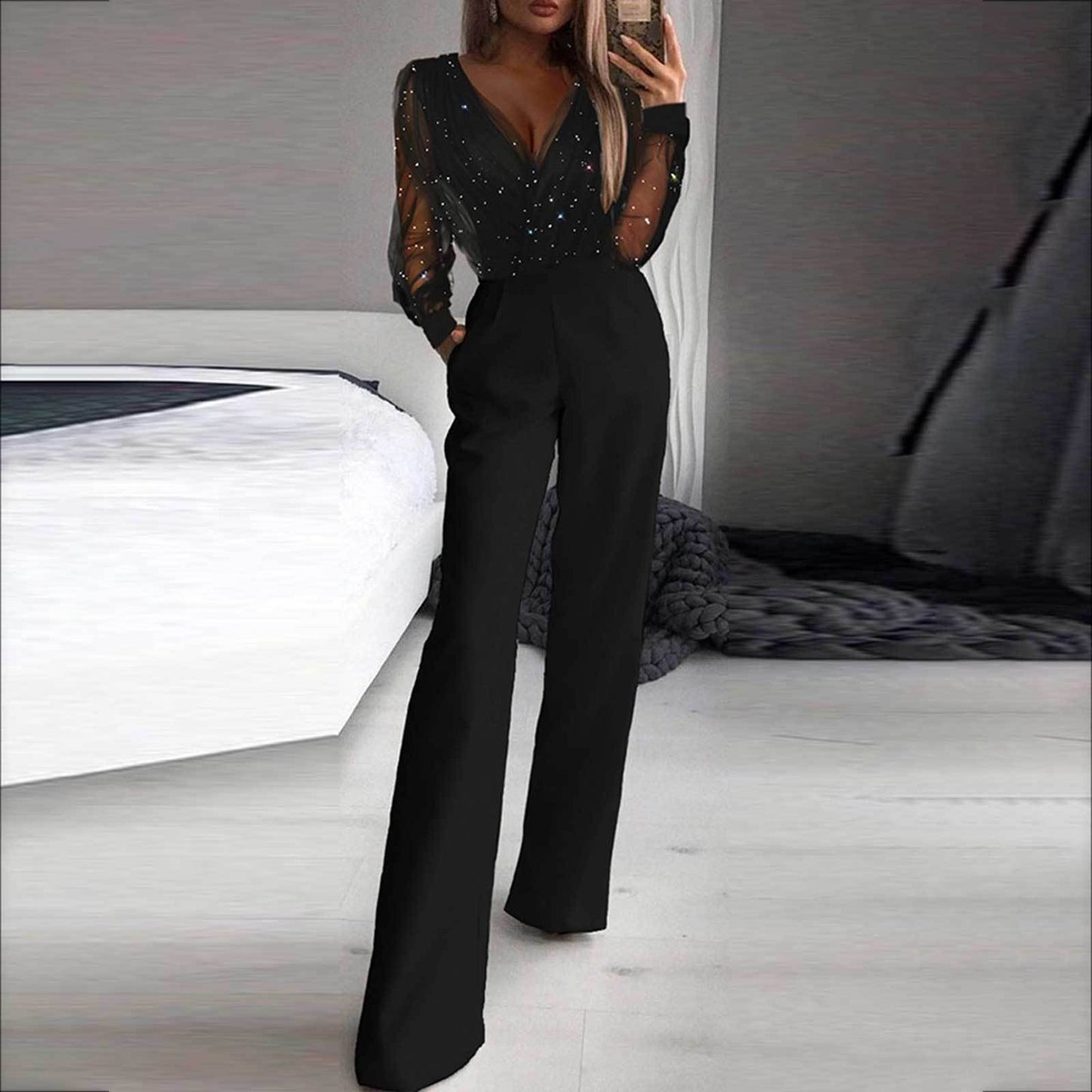 Collumbiana 0 Black / 2XL Women's Fashion Mesh Powder Patchwork Jumpsuit