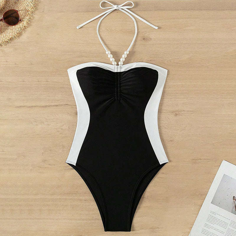 Collumbiana 0 Black And White / L Pearl Spaghetti Straps One-piece Swimsuit Slimming Women