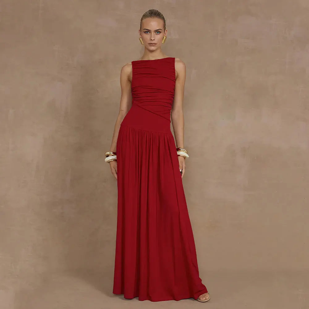 Sexy Sleeveless Pleated Slim Solid Color Dress Collumbiana