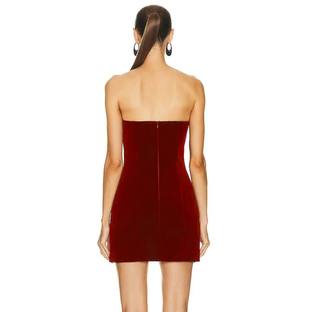 Women's Wine Red Hollowed Heart Shape Diamond Tube Top Dress Collumbiana