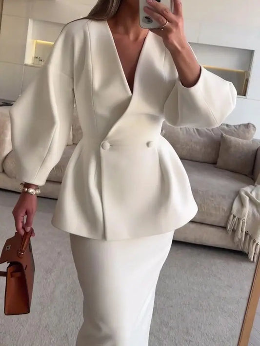 Ruffled V-neck Coat & Long Skirt Suit Collumbiana