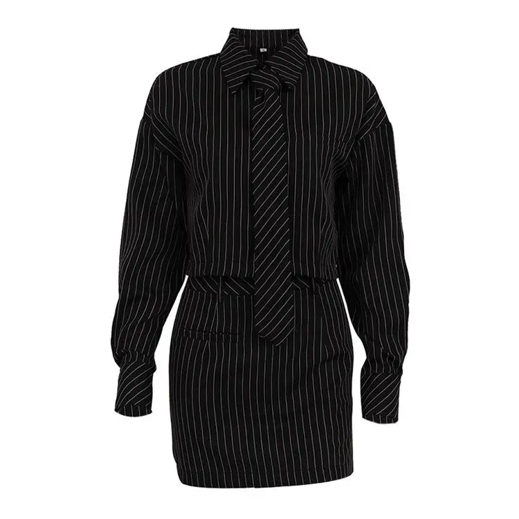 Striped Long Sleeve Tie Shirt Outfit Package Hip Skirt Two-piece Set Collumbiana