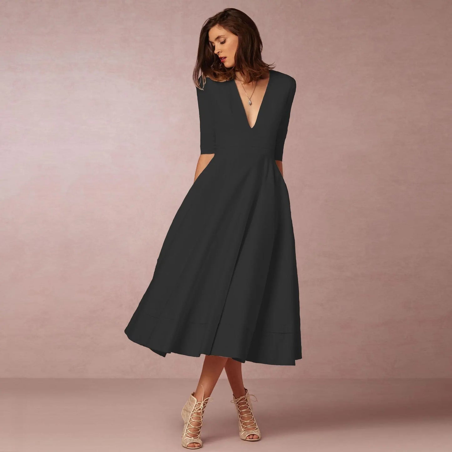 Women's Clothing Evening Dress Sexy Deep V Mid-sleeve Large Swing Dress Collumbiana