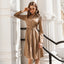 Solid color pleated lapel belt long sleeve midi dress