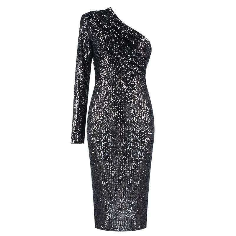 One-shoulder Dress Oblique Collar Wrapped Chest Evening Dress Fashion Sequins Nightclub Sexy Collumbiana