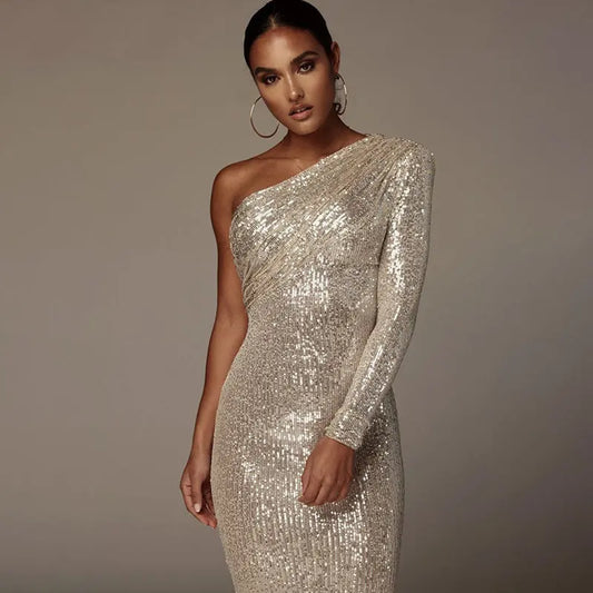 One-shoulder Dress Oblique Collar Wrapped Chest Evening Dress Fashion Sequins Nightclub Sexy Collumbiana