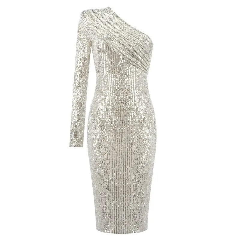 One-shoulder Dress Oblique Collar Wrapped Chest Evening Dress Fashion Sequins Nightclub Sexy Collumbiana