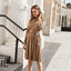 Solid color pleated lapel belt long sleeve midi dress