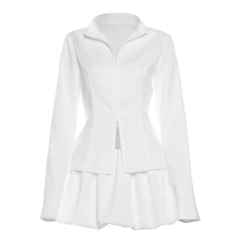 Slim Suits V-neck ZIpper Long-sleeved Top And Mini Skirt Ins Fashion Two-piece Set Women Clothing Collumbiana