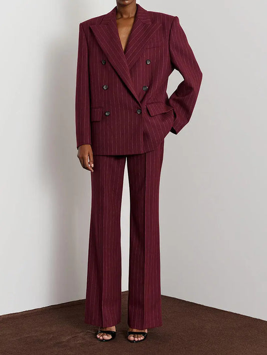 Burgundy Striped Jacket & High-waisted Pants Suit Collumbiana