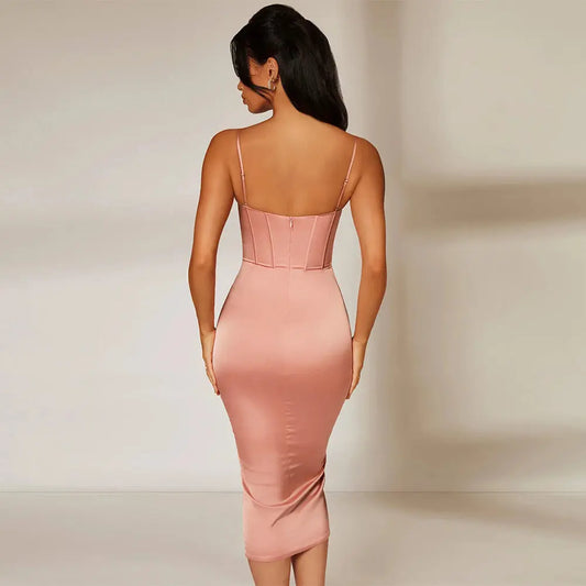 European And American Style Women's Clothing Slit Midi Skirt Fishbone Backless Slim Fit Sling Dress Collumbiana