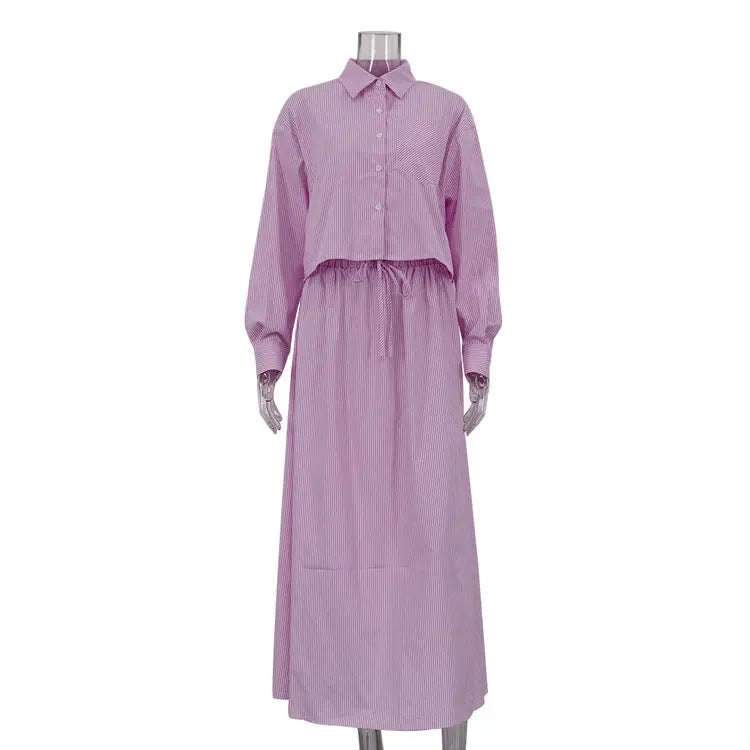 Commuter Striped Long Sleeve Lapel Top Shirt Loose Lace-up Large Swing Skirt Two-piece Set Collumbiana