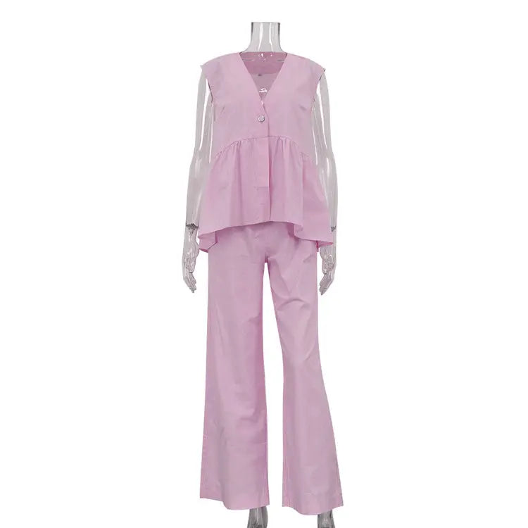 V-neck Sleeveless Top Vest Trousers Suit Women Collumbiana