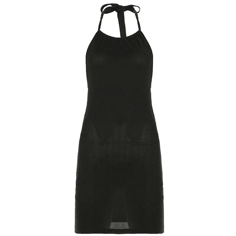 Fashion Sexy European And American Style Women's Bright Silk Halter Lace-up Backless Dress Collumbiana