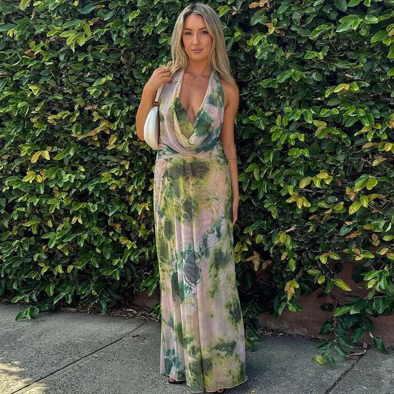 2pcs Tie Dye Printing Deep V-neck Suits Fashion Halter Backless Long Dresses For Beach Party Womens Clothing Collumbiana