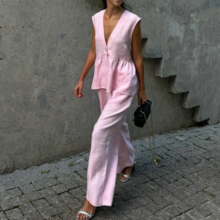 V-neck Sleeveless Top Vest Trousers Suit Women Collumbiana