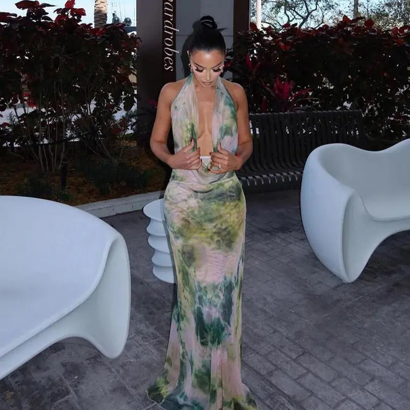 2pcs Tie Dye Printing Deep V-neck Suits Fashion Halter Backless Long Dresses For Beach Party Womens Clothing Collumbiana