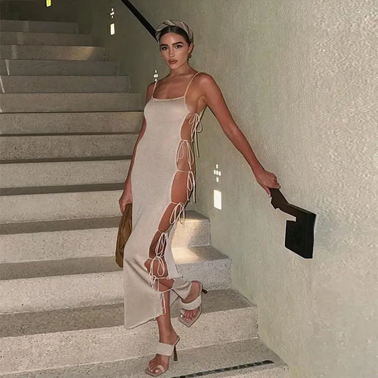 Summer Side Cutout Tie Midi Skirt Suspenders Collumbiana