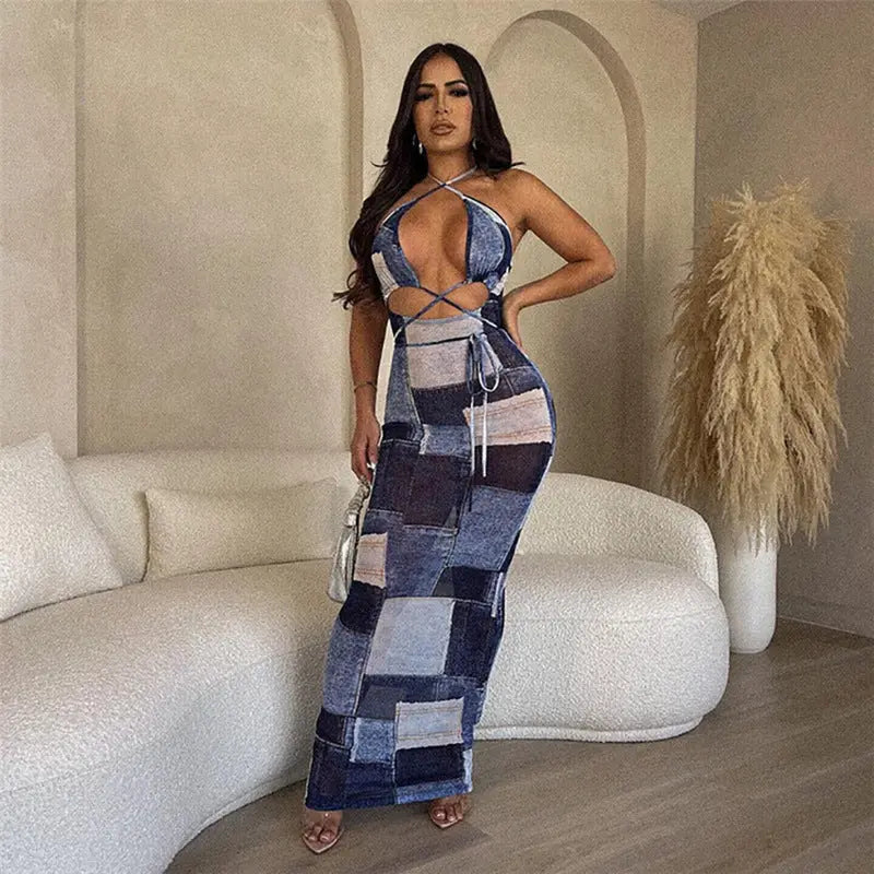 Summer Women's Clothing New Backless Lace Up Mesh Floral Print Long Dress Collumbiana
