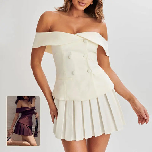 Elegant Suit Double-breasted Off-shoulder Top And Pleated Skirt Womens Clothing Collumbiana