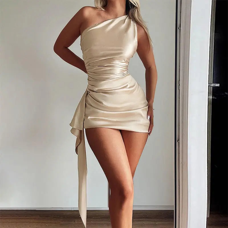 One-shoulder Sleeveless Mini Dress Sexy Slim Backless Skirt Party Wedding Dresses Womens Clothing Collumbiana