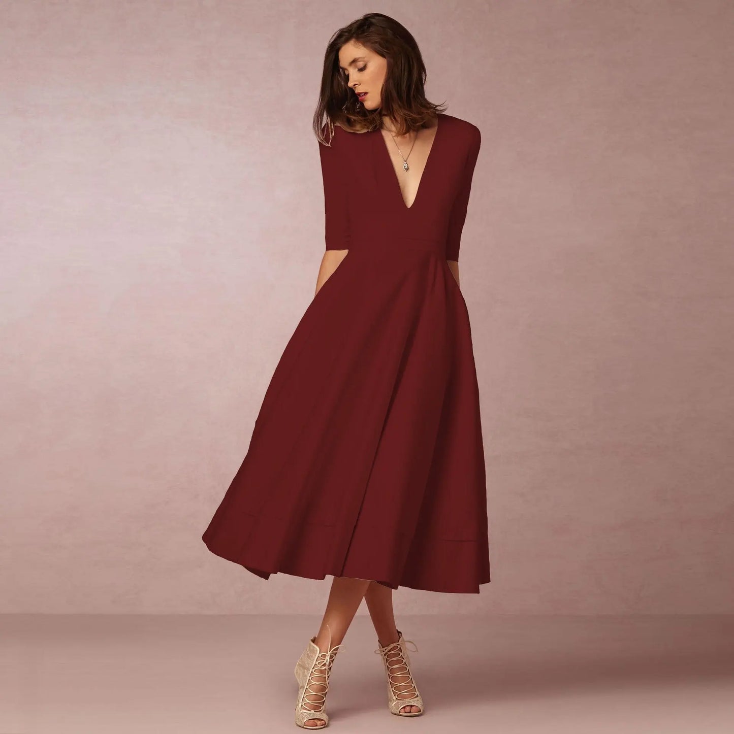 Women's Clothing Evening Dress Sexy Deep V Mid-sleeve Large Swing Dress Collumbiana