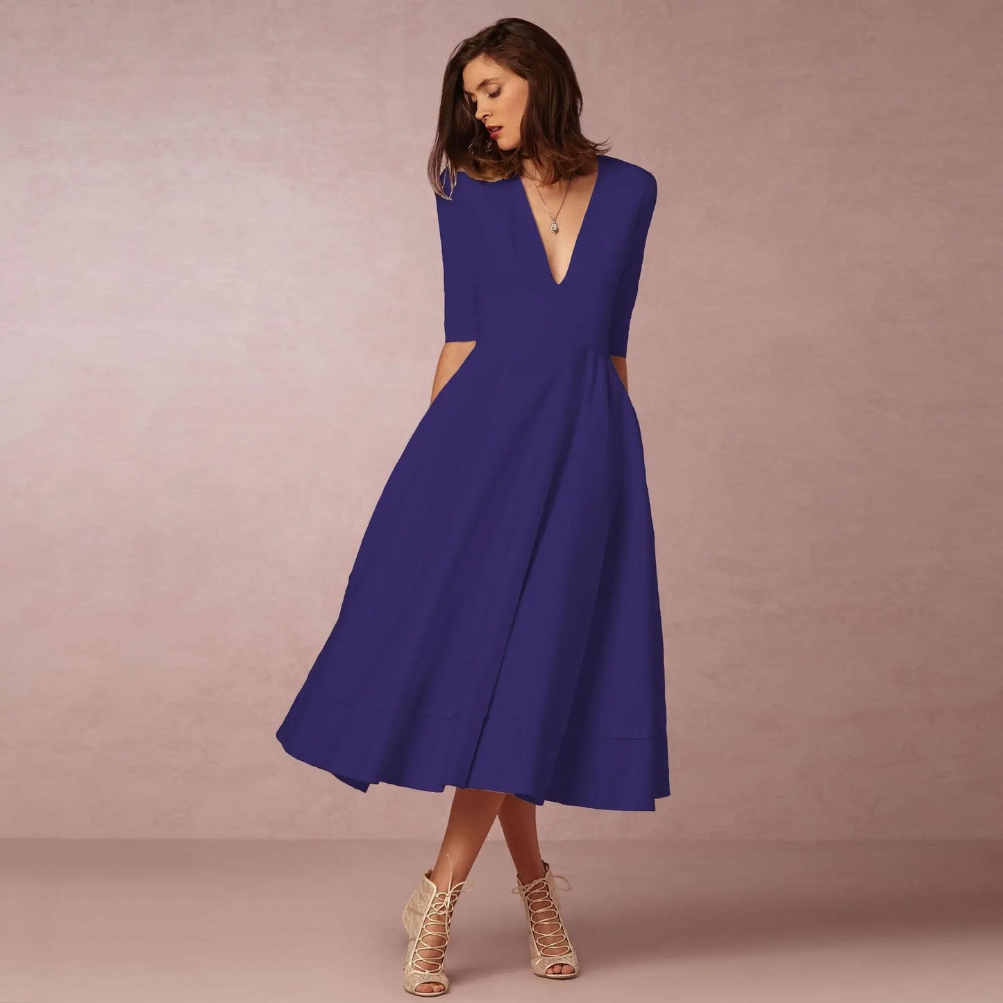 Women's Clothing Evening Dress Sexy Deep V Mid-sleeve Large Swing Dress Collumbiana