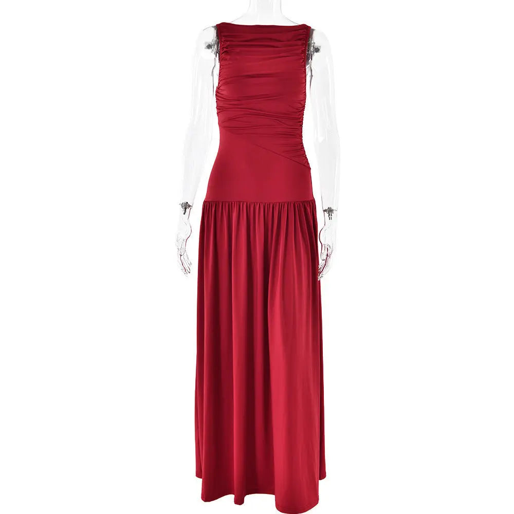 Sexy Sleeveless Pleated Slim Solid Color Dress Collumbiana