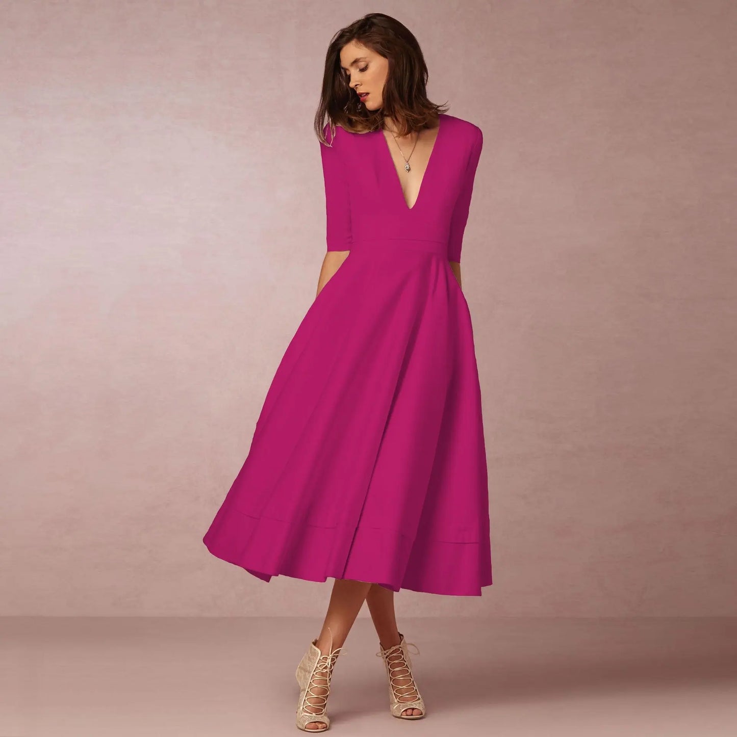 Women's Clothing Evening Dress Sexy Deep V Mid-sleeve Large Swing Dress Collumbiana