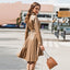 Solid color pleated lapel belt long sleeve midi dress