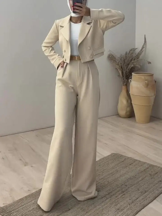 Solid Color Short Blazer & High Waist Pants Set Collumbiana