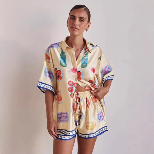 Casual Homewear Cartoon Lapel Cardigan Short Sleeve Shorts Suit Collumbiana