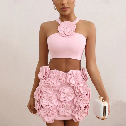 Fashion Suit Top Halter Decorative Flower Skirt Collumbiana