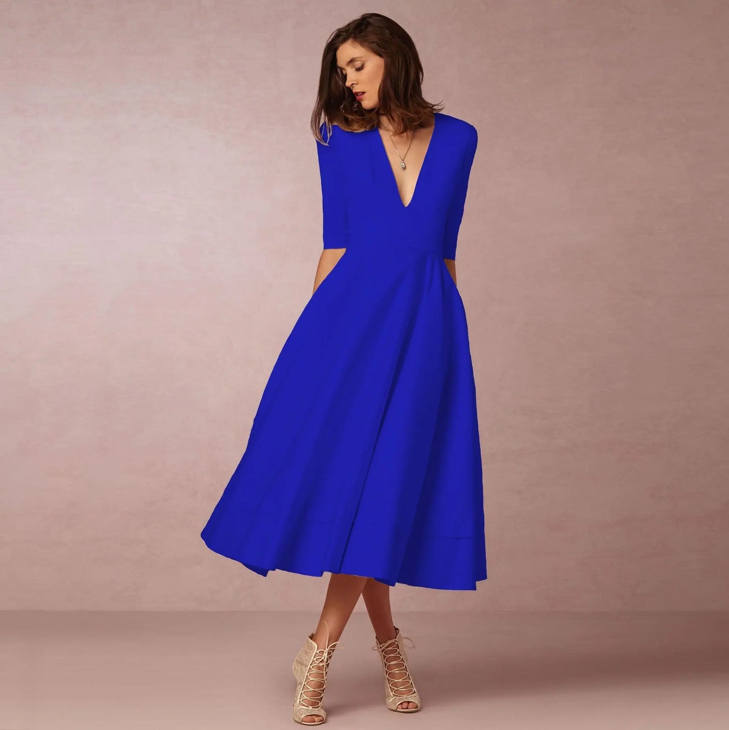 Women's Clothing Evening Dress Sexy Deep V Mid-sleeve Large Swing Dress Collumbiana