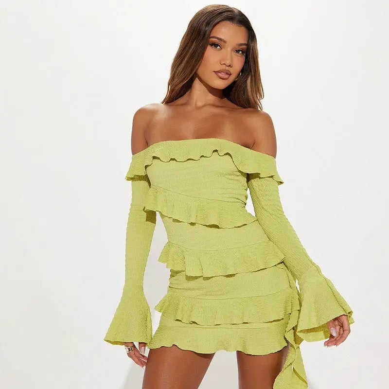 Fashion Tube Top Off Shoulder Ruffled Flare Sleeve Dress Collumbiana