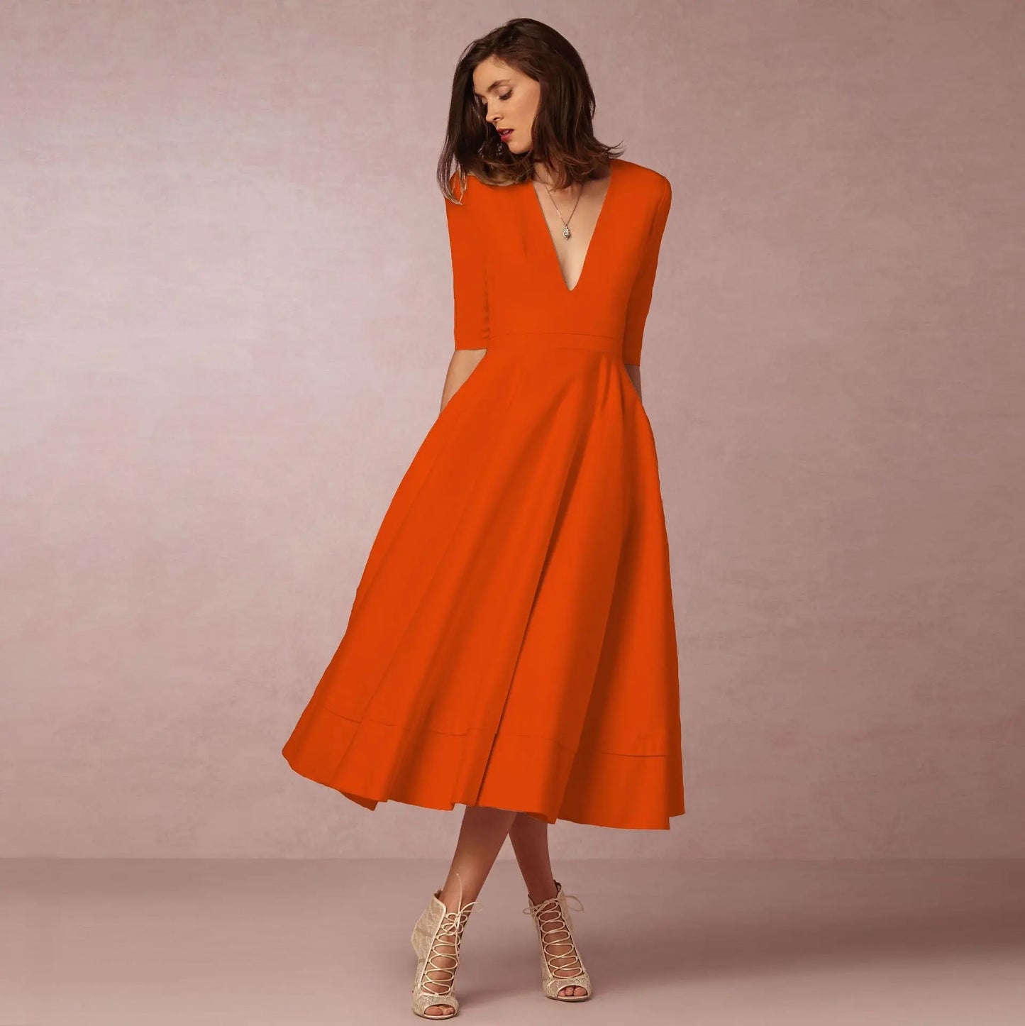 Women's Clothing Evening Dress Sexy Deep V Mid-sleeve Large Swing Dress Collumbiana