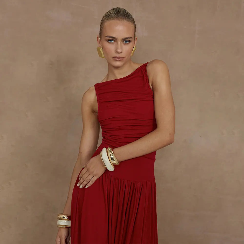 Sexy Sleeveless Pleated Slim Solid Color Dress Collumbiana