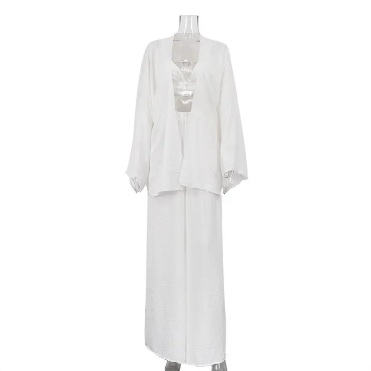 Ruffled Spaghetti Straps Vest Long Sleeve Cardigan Top Loose Wide Leg Pants Three-piece Set Collumbiana