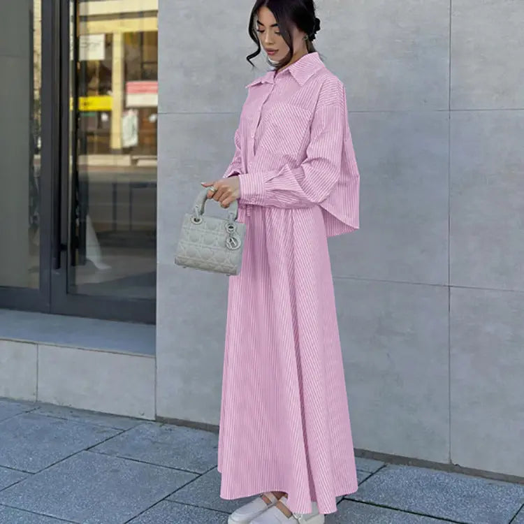 Commuter Striped Long Sleeve Lapel Top Shirt Loose Lace-up Large Swing Skirt Two-piece Set Collumbiana