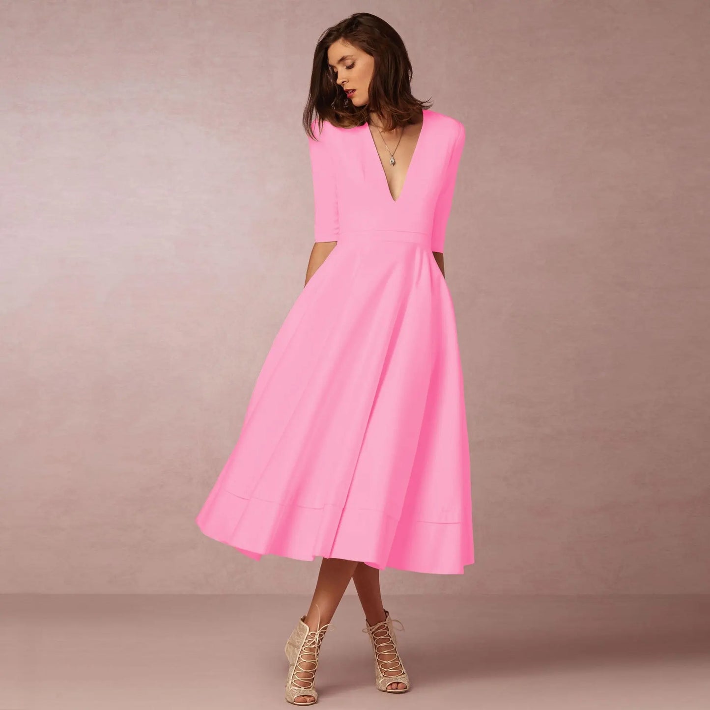 Women's Clothing Evening Dress Sexy Deep V Mid-sleeve Large Swing Dress Collumbiana