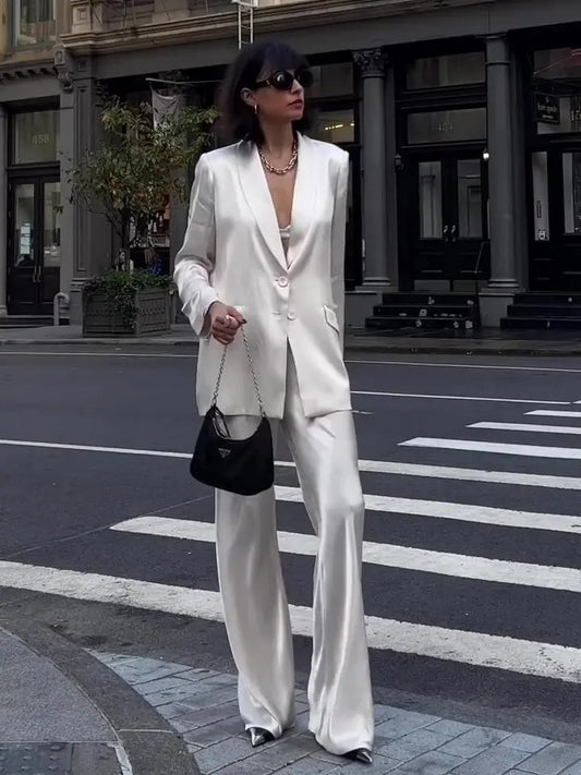Solid Color Loose Blazer & High-waisted Pants Set Collumbiana
