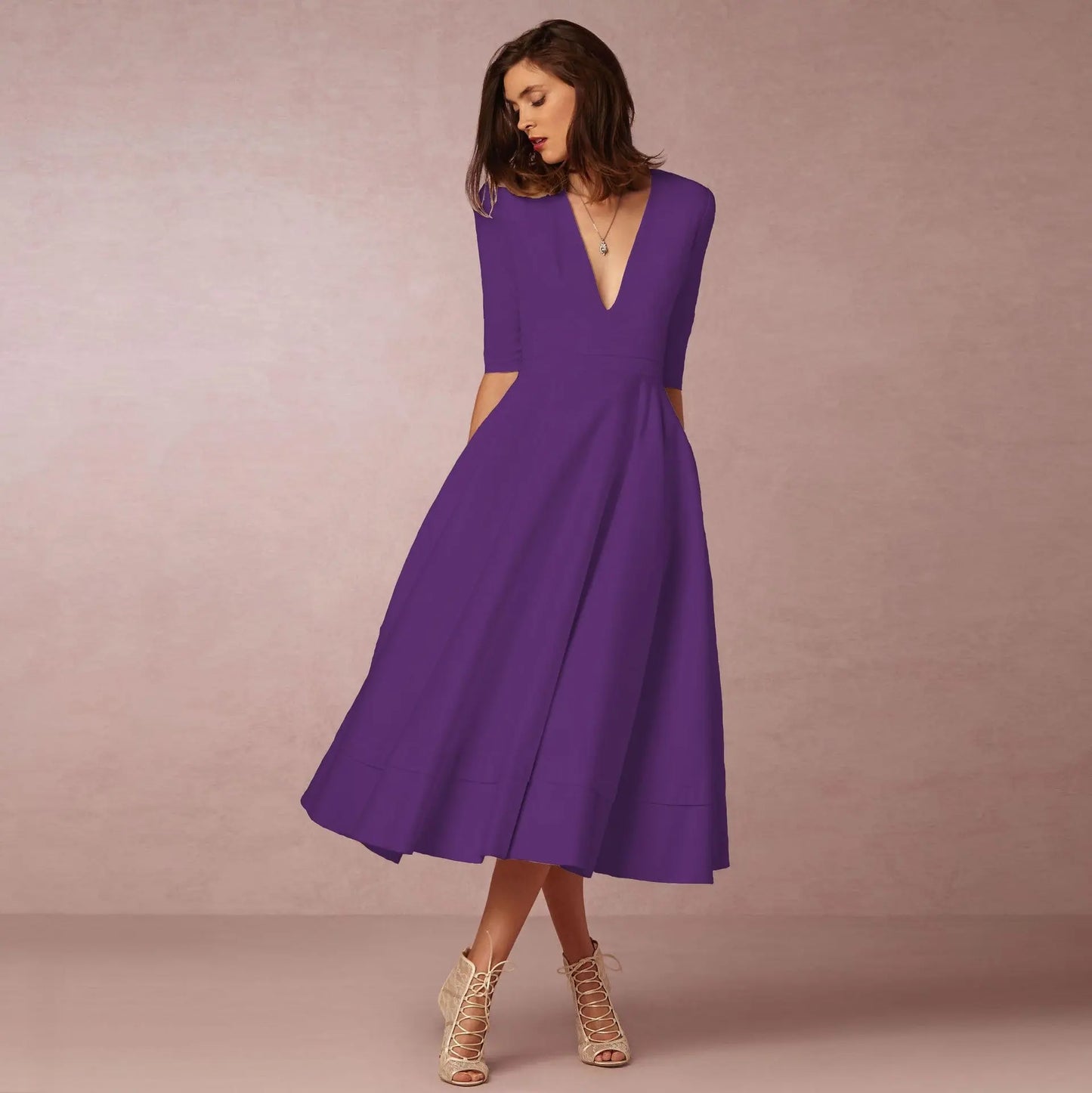 Women's Clothing Evening Dress Sexy Deep V Mid-sleeve Large Swing Dress Collumbiana