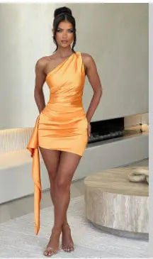 One-shoulder Sleeveless Mini Dress Sexy Slim Backless Skirt Party Wedding Dresses Womens Clothing Collumbiana
