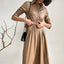 Solid color pleated lapel belt long sleeve midi dress